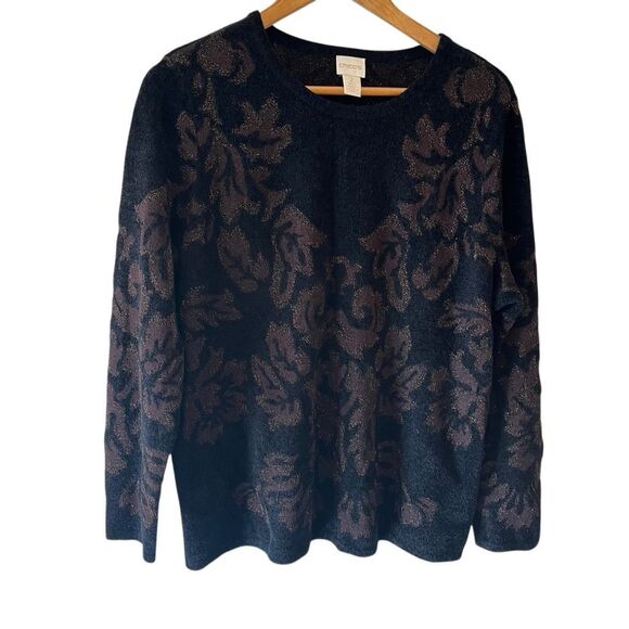 Chicos Black Brocade Crewneck Pullover sweater Chicos size 2  US Large - Picture 3 of 7